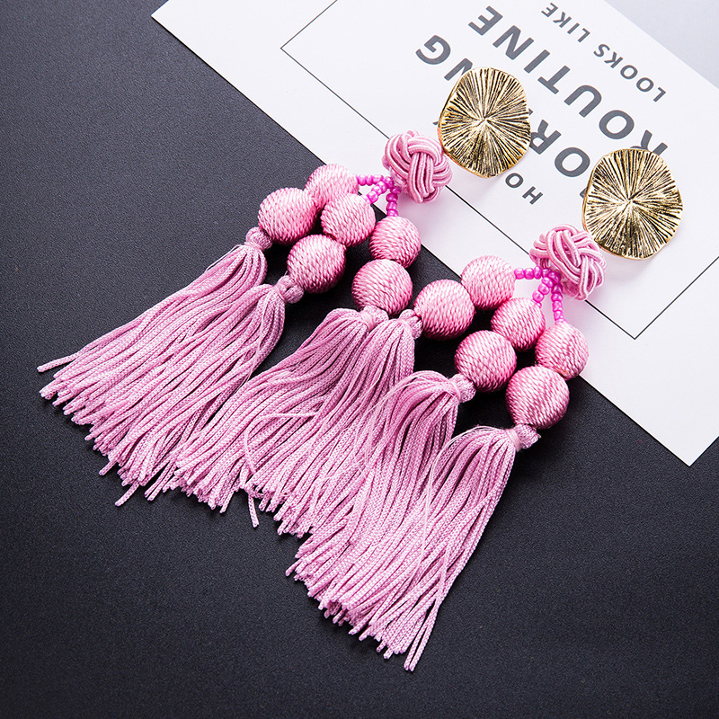Trendy Pink Balls Shape Decorated Long Tassel,Drop Earrings