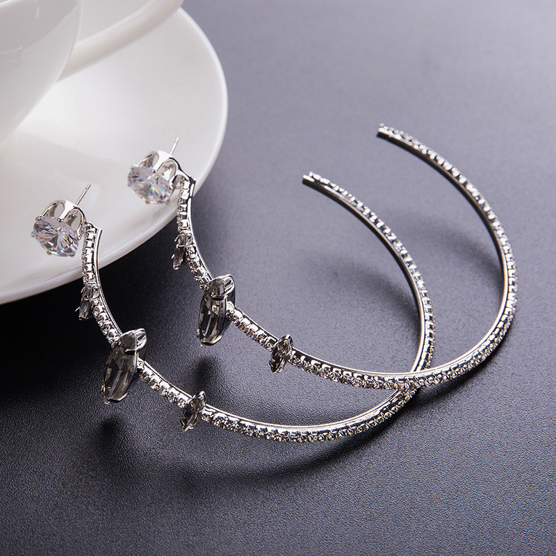 Exaggerated Silver Color Diamond Decorated Circular Ring Earrings,Stud Earrings