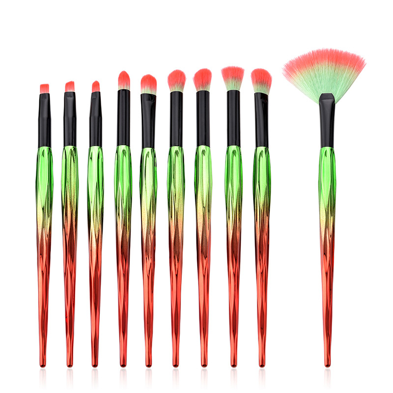 Trendy Red+green Color Matching Decorated Cosmetic Brush(10pcs),Beauty tools
