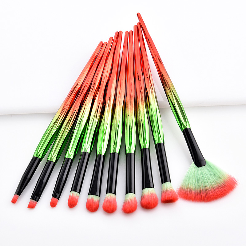 Trendy Red+green Color Matching Decorated Cosmetic Brush(10pcs),Beauty tools