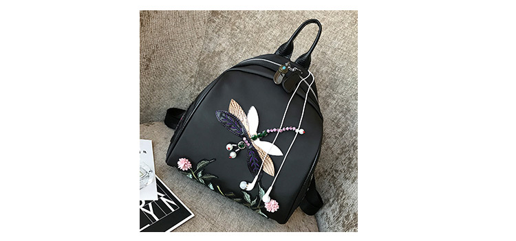 Fashion Black Embroidered Dragonfly Decorated Backpack,Backpack