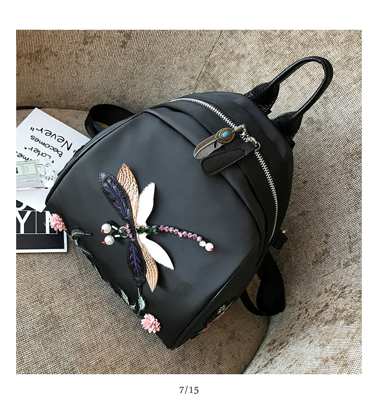 Fashion Black Embroidered Dragonfly Decorated Backpack,Backpack