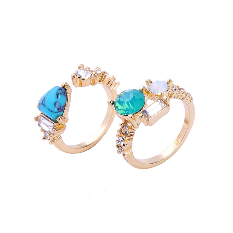 Fashion Gold Color+blue Geometric Shape Diamond Decorated Ring(2pcs),Fashion Rings