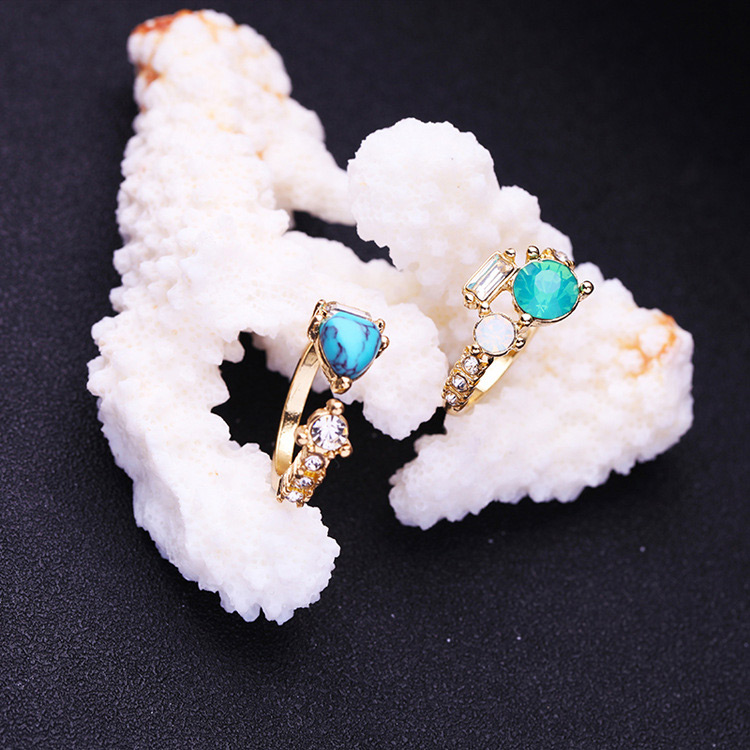 Fashion Gold Color+blue Geometric Shape Diamond Decorated Ring(2pcs),Fashion Rings