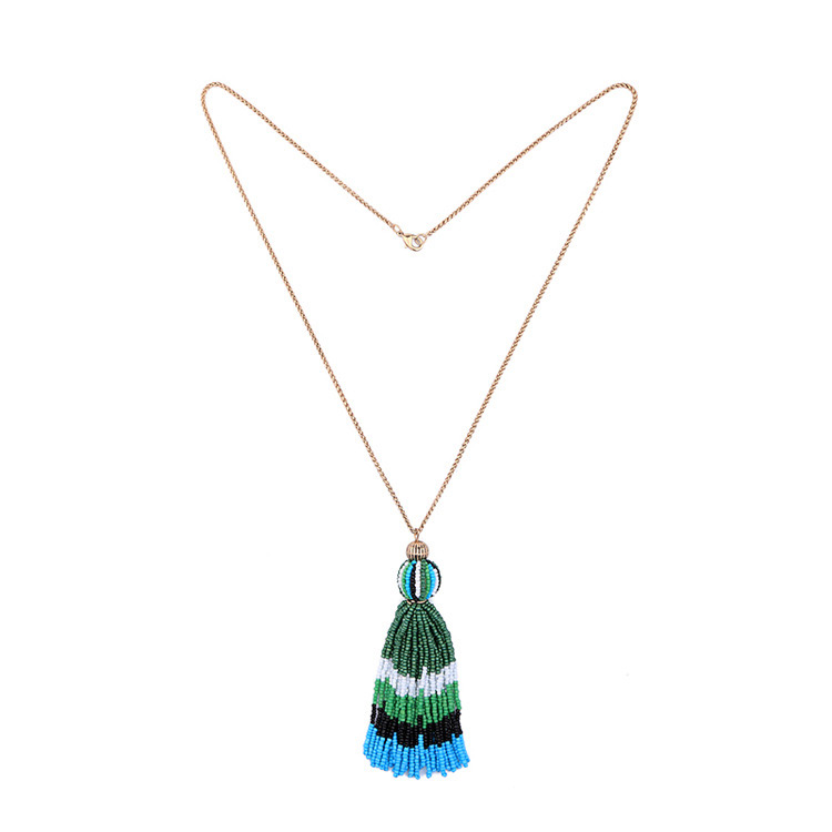 Fashion Green+blue Beads Decorated Long Tassel Necklace,Beaded Necklaces