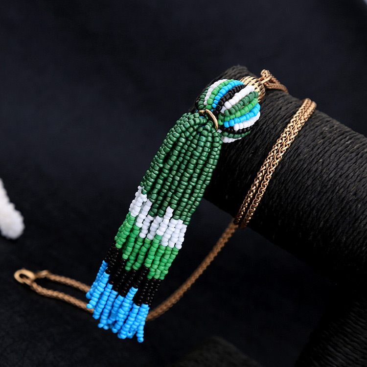Fashion Green+blue Beads Decorated Long Tassel Necklace,Beaded Necklaces