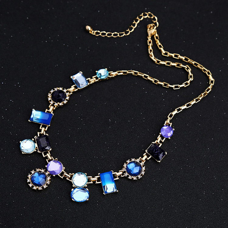 Fashion Blue Geometric Shape Diamond Decorated Necklace,Bib Necklaces