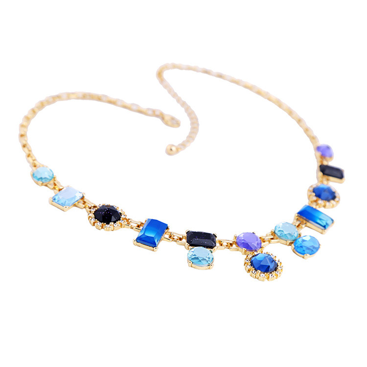 Fashion Blue Geometric Shape Diamond Decorated Necklace,Bib Necklaces