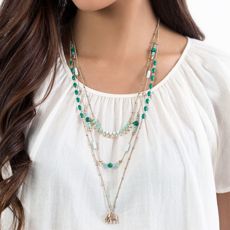Fashion Gold Color+green Elephant Pendant Decorated Multi-layer Necklace,Multi Strand Necklaces