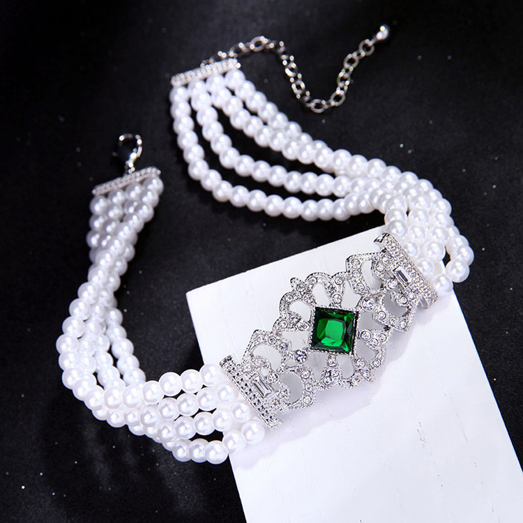 Fashion White+green Pearls Decorated Hollow Out Necklace,Beaded Necklaces