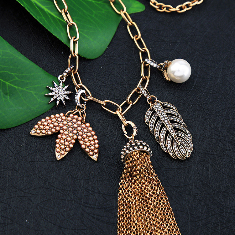 Fashion Gold Color Feather&tassel Pendant Decorated Necklace,Pendants