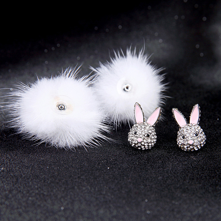 Fashion White+pink Rabbits Decorated Pom Earrings,Stud Earrings