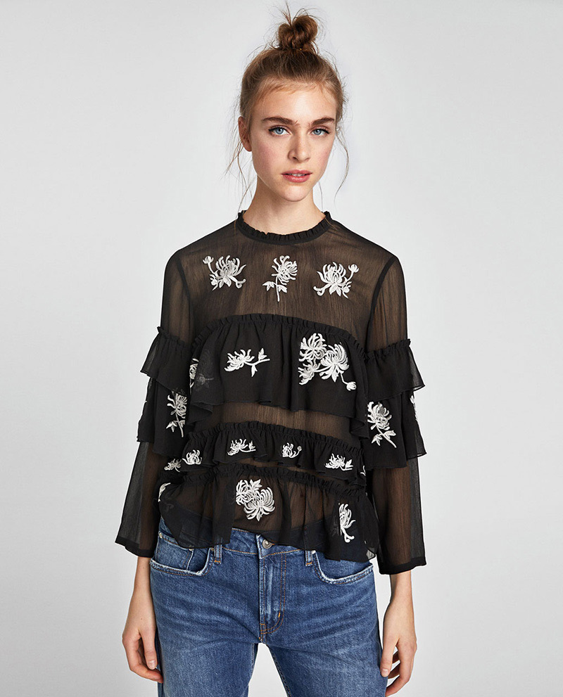 Elegant Black Chrysanthemum Shape Decorated Blouse,Sunscreen Shirts