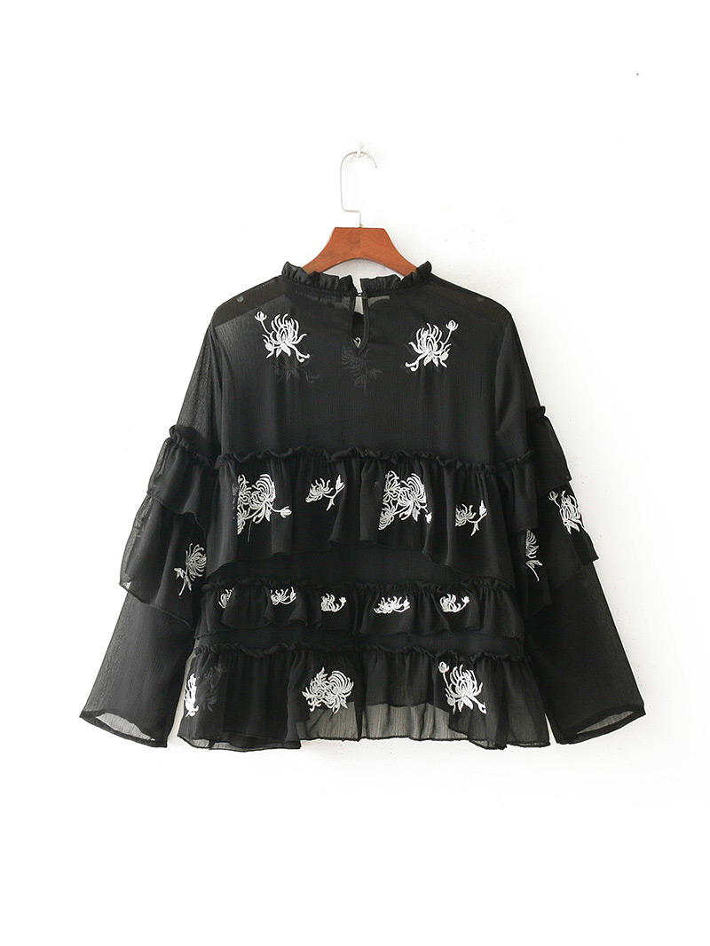 Elegant Black Chrysanthemum Shape Decorated Blouse,Sunscreen Shirts