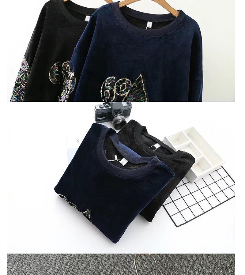Fashion Navy Sequins Decorated Round Neckline Sweater,Sweatshirts