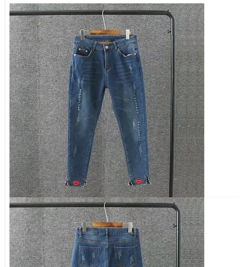 Fashion Blue Lip Pattern Decorated Simple Jeans,Pants
