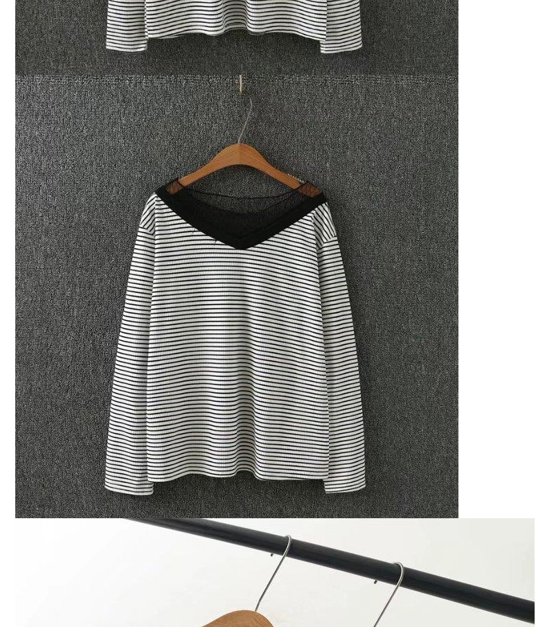 Fashion White Stripe Pattern Decorated V Neckline Shirt,Sweatshirts