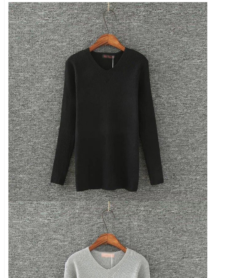Fashion Light Gray V Neckline Design Pure Color Blouse,Sweater