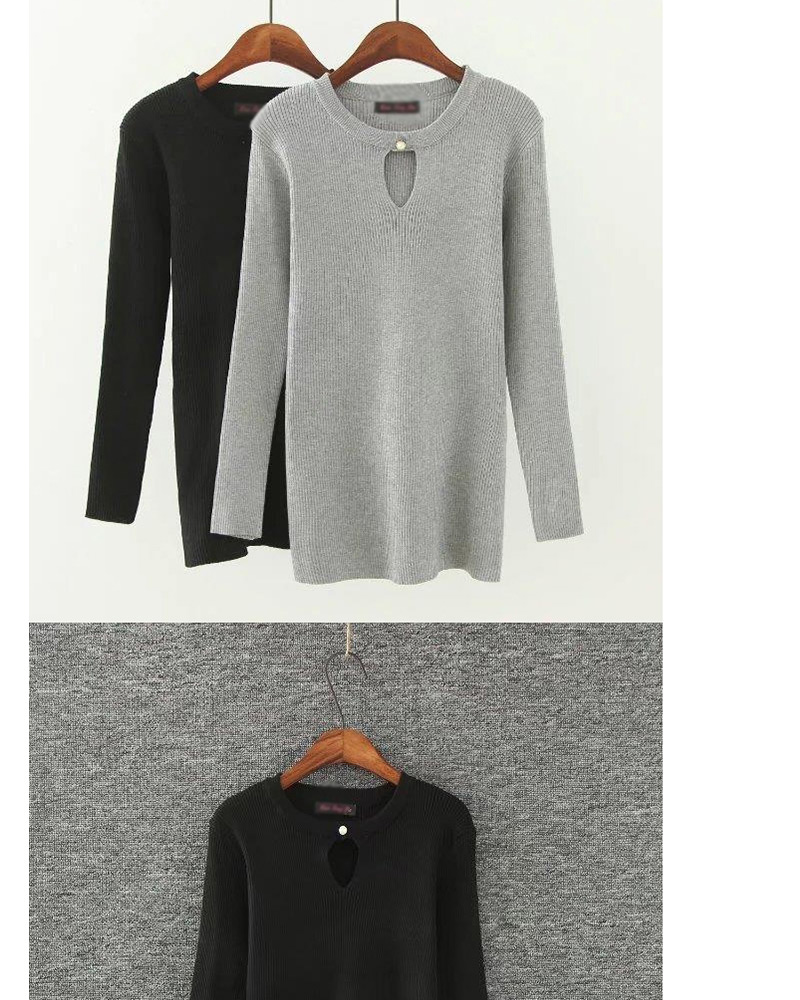 Fashion Black Pure Color Decorated Round Neckline Blouse,Sweater