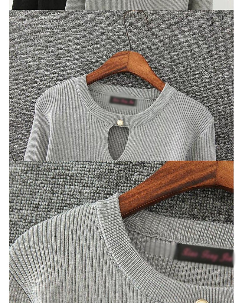 Fashion Light Gray Pure Color Decorated Round Neckline Blouse,Sweater