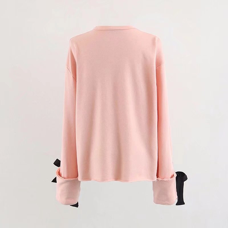Fashion Pink Bowknot Decorated Long Sleeves Blouse,Tank Tops & Camis