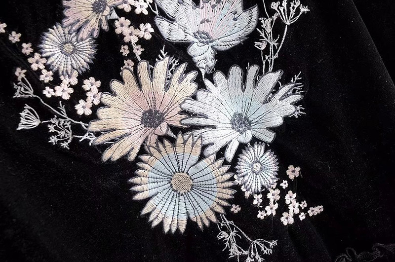 Fashion Black Flower Pattern Decorated Long Sleeves Dress,Long Dress