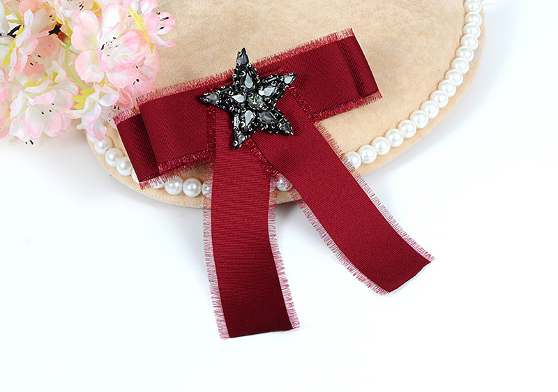 Trendy Claret Red+black Pentagram Decorated Bowknot Brooch,Korean Brooches