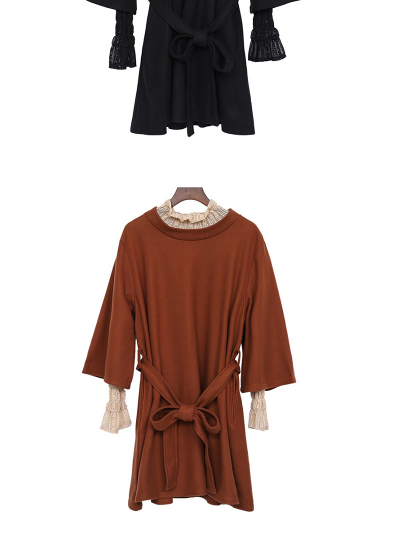 Fashion Dark Coffee Bowknot Decorated Long Sleeves Dress(2pcs),Long Dress