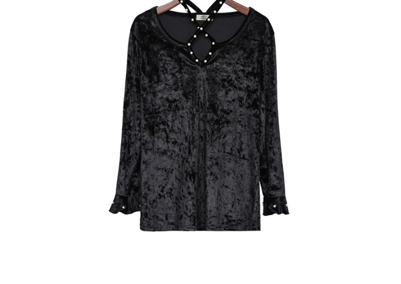 Fashion Black Pearls Decorated Hollow Out Blouse,Sweater