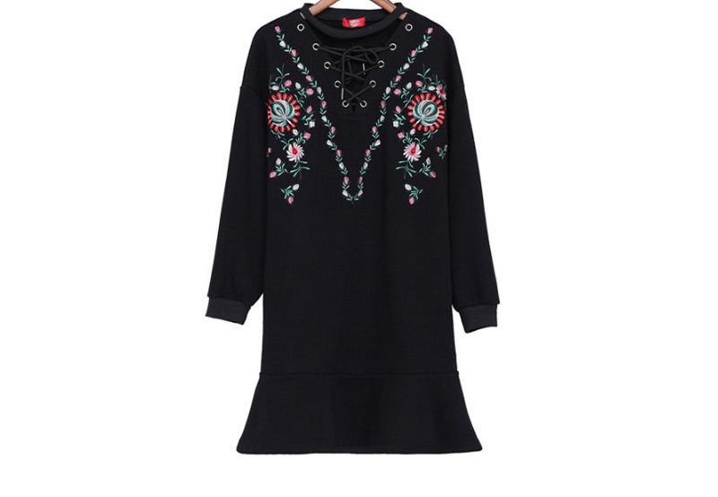 Fashion Black Flower Pattern Decorated Thicken Dress,Long Dress