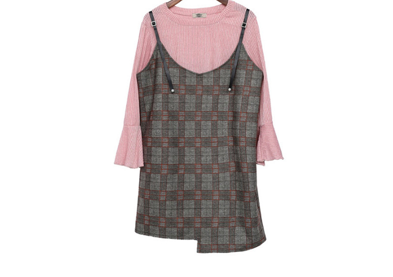 Fashion Gray+pink Grid Pattern Decorated Simple Dress,Long Dress