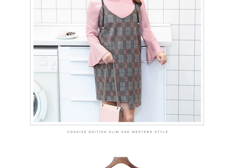 Fashion Gray+pink Grid Pattern Decorated Simple Dress,Long Dress