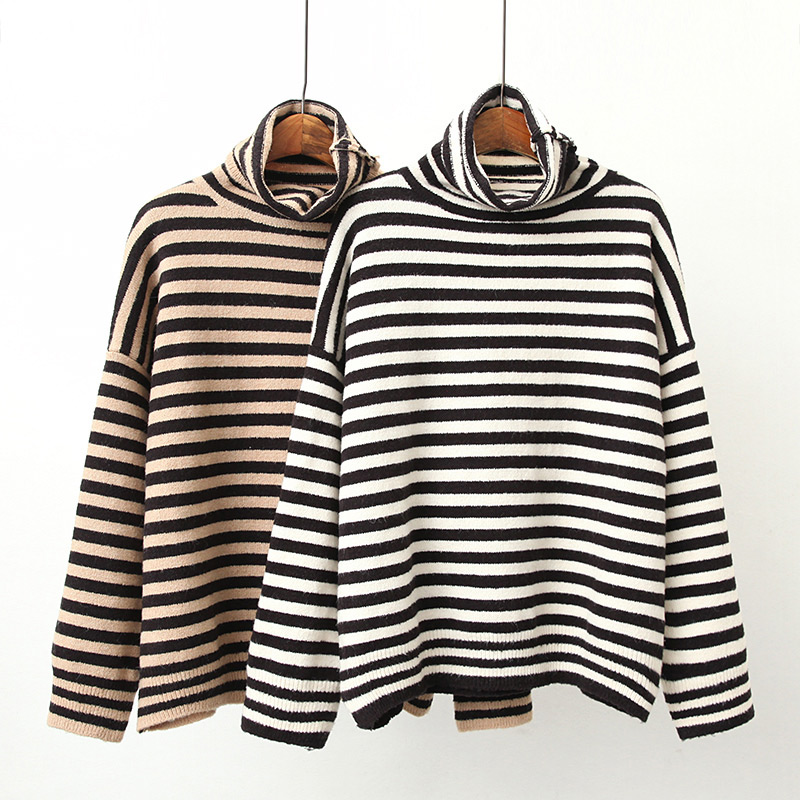 Trendy Black Stripe Pattern Decorated High-neckline Sweater,Sweater