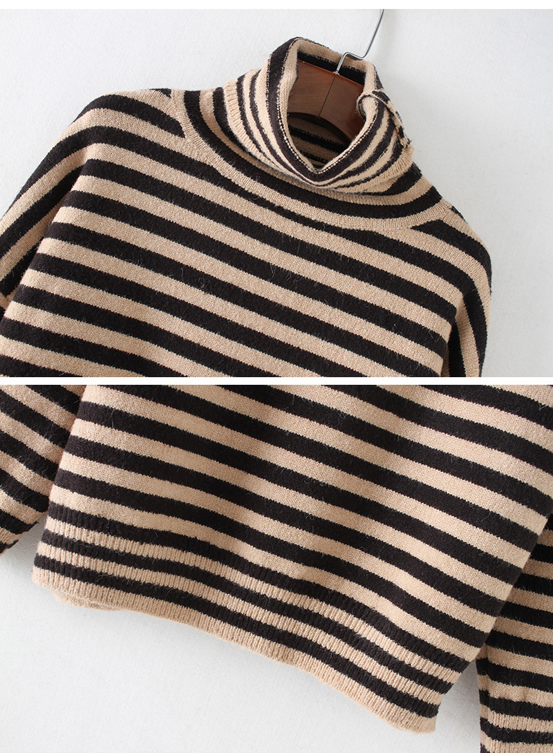 Trendy Brown Stripe Pattern Decorated High-neckline Sweater,Sweater