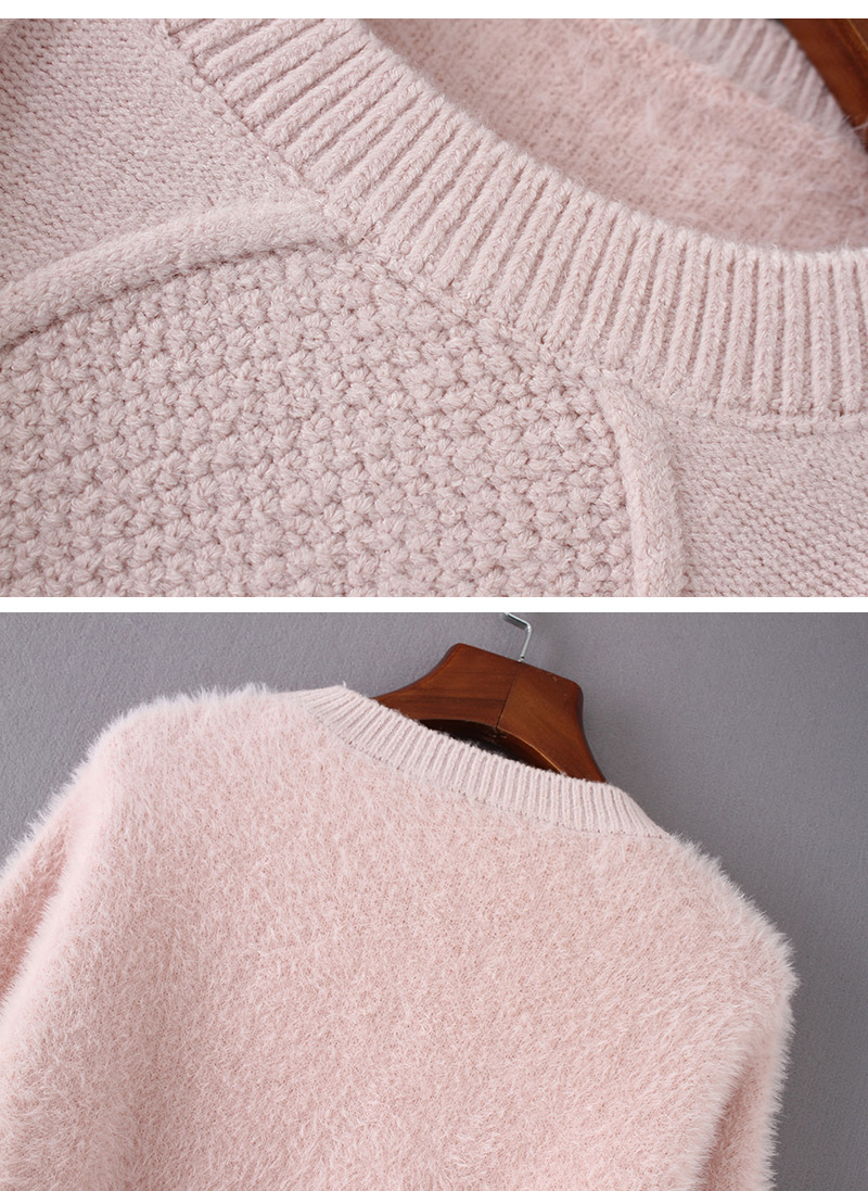 Trendy Pink Pure Color Design Round Neckline Sweater,Sweater