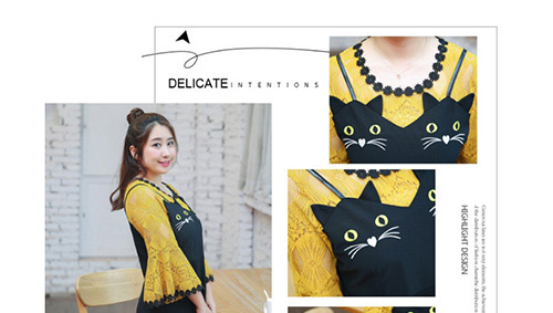 Trendy Black Cartoon Cats Pattern Decorated Long Dress,Mini & Short Dresses