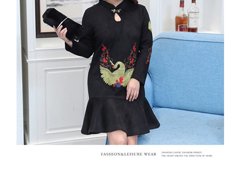 Trendy Black Embroidery Decorated Long Sleeves Dress,Long Dress