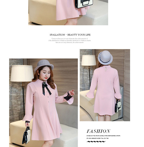 Trendy Pink Bowknot Decorated Long Sleeves Dress,Long Dress