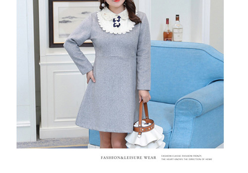 Trendy Gray Flower&pearls Decorated Long Sleeves Dress,Long Dress