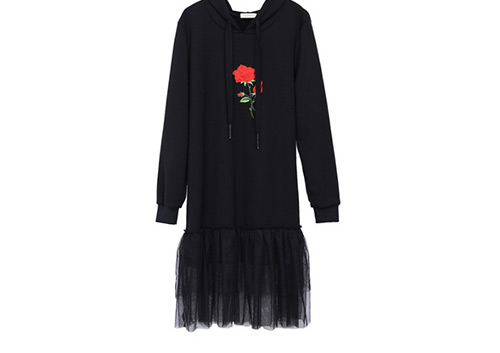 Trendy Black Embroidered Flower Decorated Thicken Dress,Long Dress