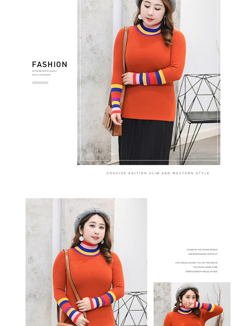Trendy Dark Brown Stripe Pattern Decorated High-neckline Sweater,Sweater