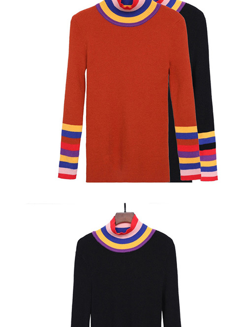 Trendy Dark Brown Stripe Pattern Decorated High-neckline Sweater,Sweater