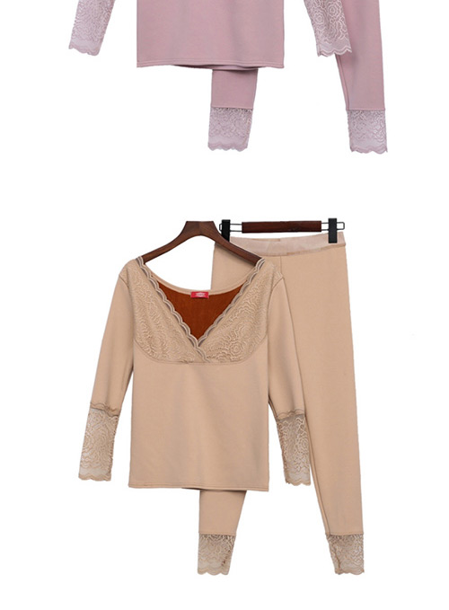 Trendy Pink Lace Decorated V Neckline Warm Clothes Suit,Tank Tops & Camis