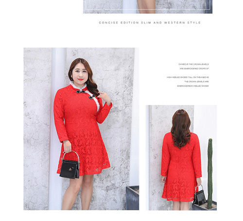 Trendy Red Lace Decorated Long Sleeves Cheongsam Dress,Long Dress