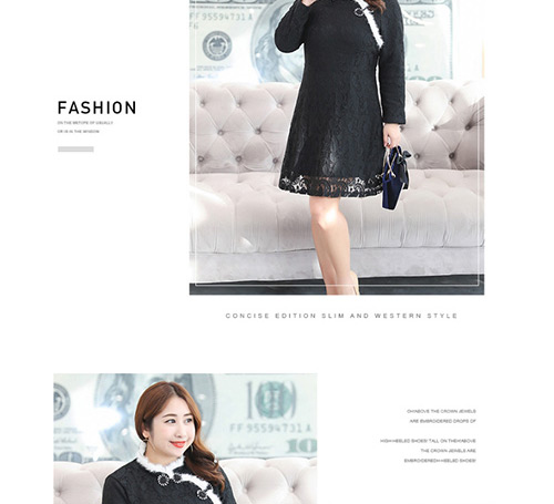 Trendy Black Lace Decorated Long Sleeves Cheongsam Dress,Long Dress