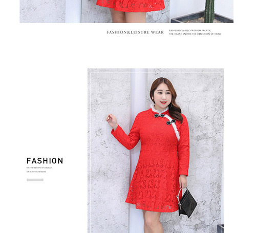 Trendy Red Lace Decorated Long Sleeves Cheongsam Dress,Long Dress