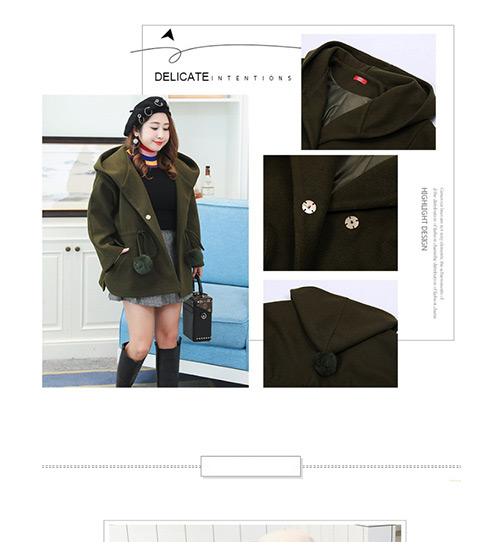 Trendy Olive Fuzzy Ball Decorated Pure Color Loose Coat,Coat-Jacket