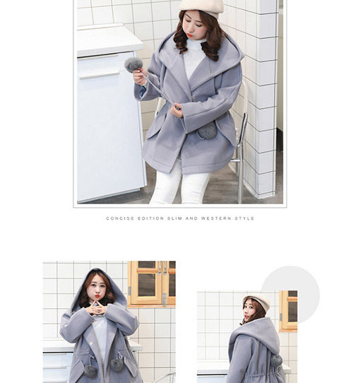 Trendy Gray Fuzzy Ball Decorated Pure Color Loose Coat,Coat-Jacket