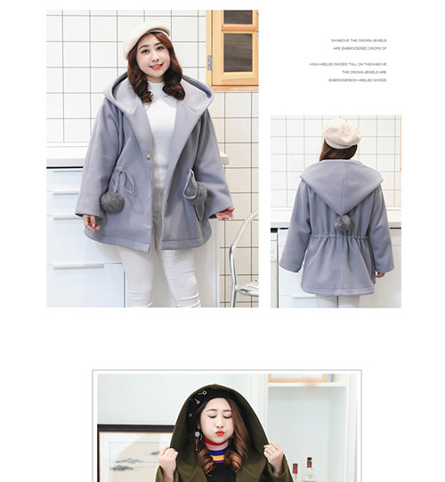Trendy Gray Fuzzy Ball Decorated Pure Color Loose Coat,Coat-Jacket