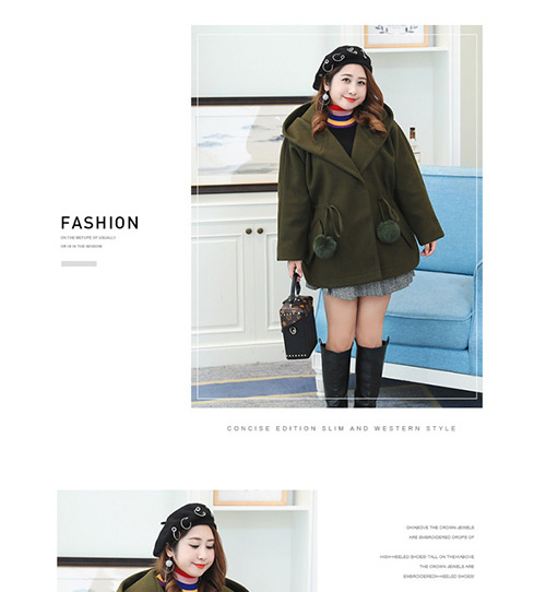 Trendy Olive Fuzzy Ball Decorated Pure Color Loose Coat,Coat-Jacket